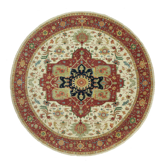 Heriz Wool Hand Knotted Rug Ivory Red 14.0X14.0 -O090661