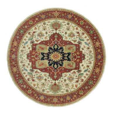 Heriz Wool Hand Knotted Rug Ivory Red 14.0X14.0 -O090661