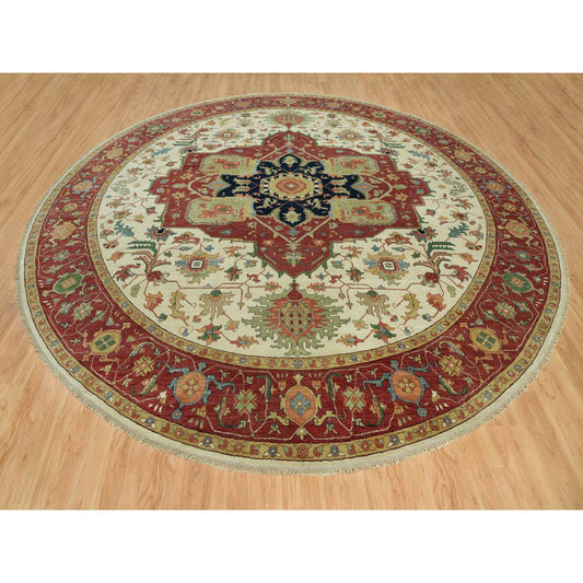 Heriz Wool Hand Knotted Rug Ivory Red 14.0X14.0 -O090661
