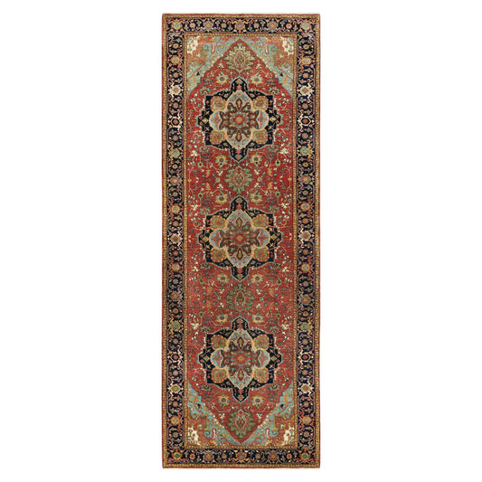 Heriz Wool Hand Knotted Rug Red Blue 4.1X12.0 -O090663