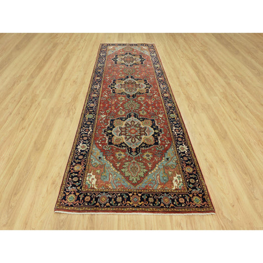 Heriz Wool Hand Knotted Rug Red Blue 4.1X12.0 -O090663