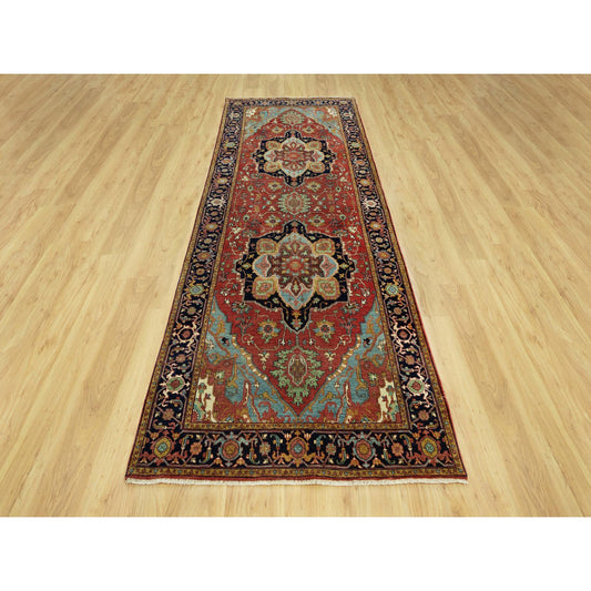 Heriz Wool Hand Knotted Rug Red Blue 3.10X10.2 -O090664