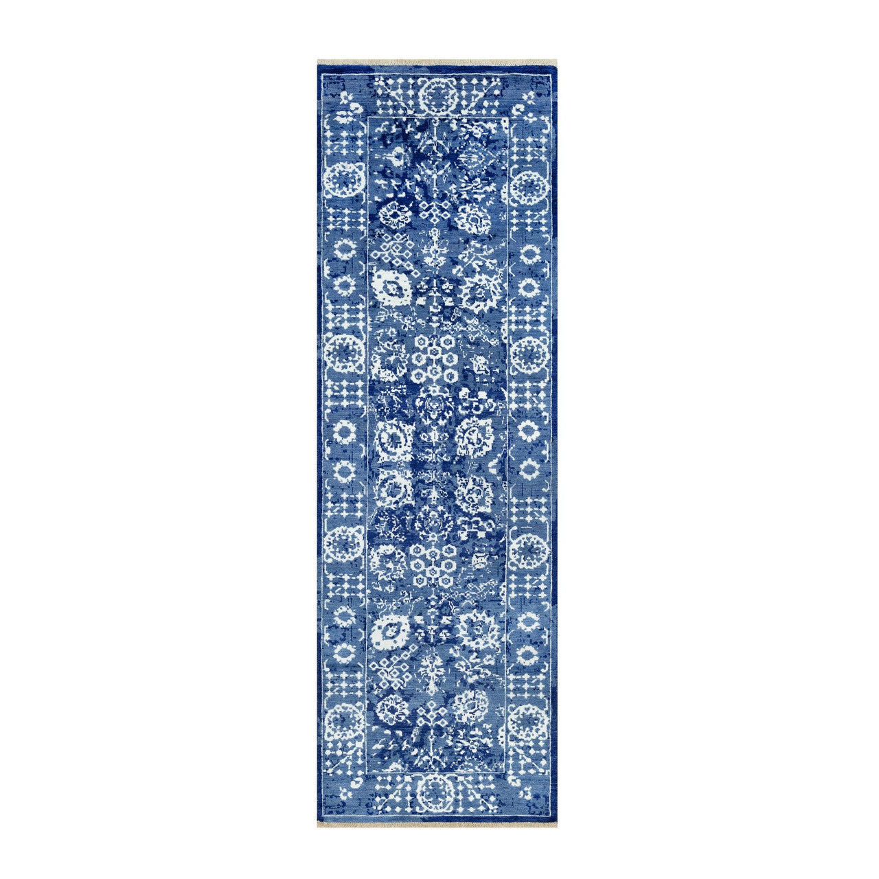 Blue 2'6" x 8'0" Transitional Hand knotted Wool/Silk Rug - Sku: O090666