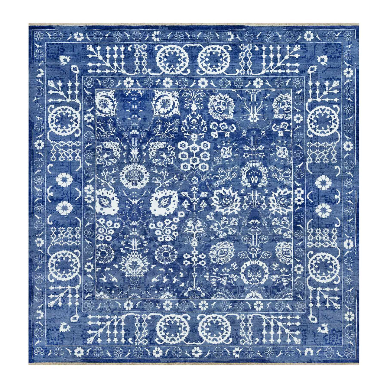 Blue 10'0" x 10'0" Transitional Hand knotted Wool/Silk Rug - Sku: O090669