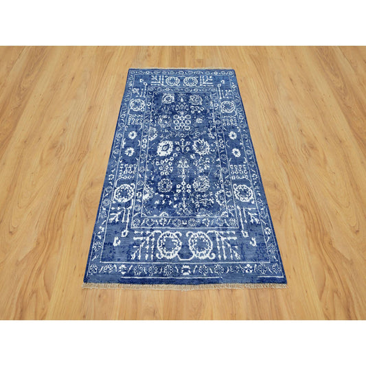 Transitional Wool & Silk Hand Knotted Rug Blue No Border 3.2X5.0 -O090671