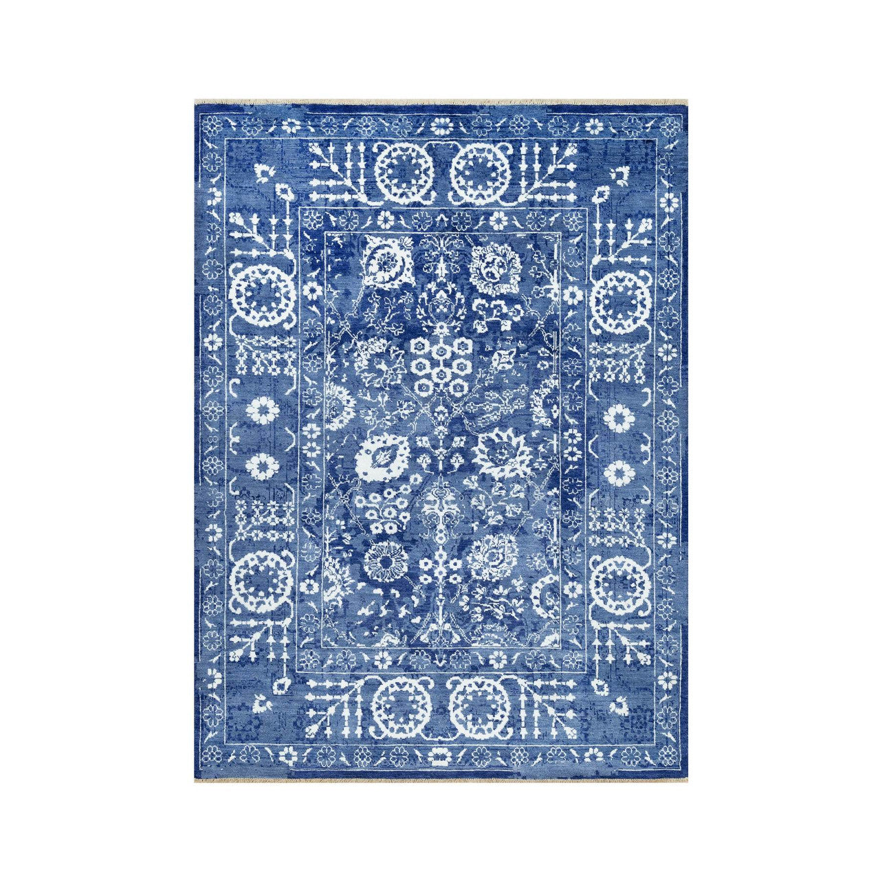 Blue 5'1" x 6'10" Transitional Hand knotted Wool/Silk Rug - Sku: O090673