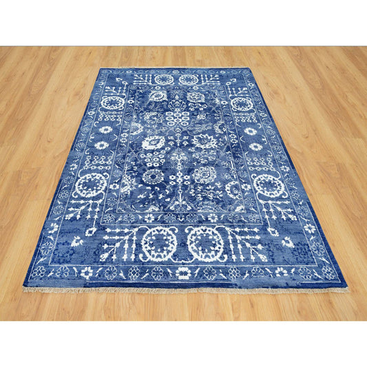 Transitional Wool & Silk Hand Knotted Rug Blue No Border 5.1X6.10 -O090673
