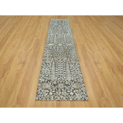 Transitional Wool & Silk Hand Knotted Rug Grey No Border 2.6X10.0 -O090680