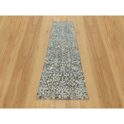 Transitional Wool & Silk Hand Knotted Rug Grey No Border 2.4X8.1 -O090684