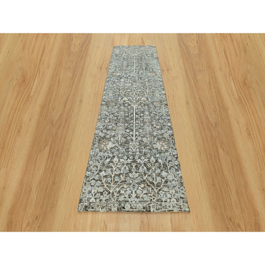Transitional Wool & Silk Hand Knotted Rug Grey No Border 2.4X8.1 -O090684