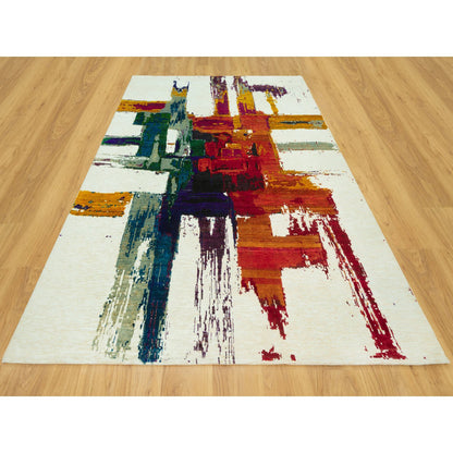 Transitional Wool & Silk Hand Knotted Rug Ivory Ivory 5.11X8.11 -O090700