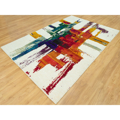 Transitional Wool & Silk Hand Knotted Rug Ivory Ivory 5.11X8.11 -O090700