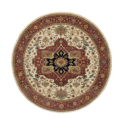Heriz Wool Hand Knotted Rug Ivory Red 8.0X8.0 -O090741