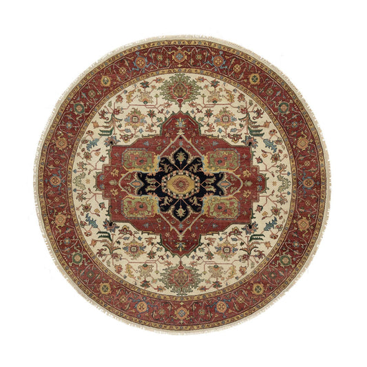 Heriz Wool Hand Knotted Rug Ivory Red 8.0X8.0 -O090741