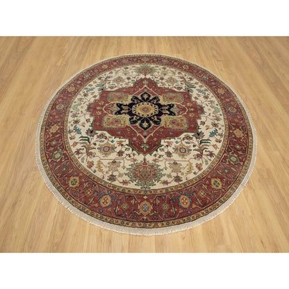 Heriz Wool Hand Knotted Rug Ivory Red 8.0X8.0 -O090741