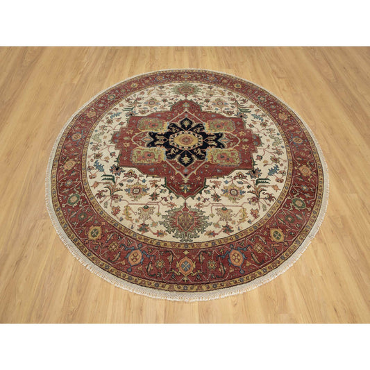 Heriz Wool Hand Knotted Rug Ivory Red 8.0X8.0 -O090741