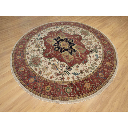 Heriz Wool Hand Knotted Rug Ivory Red 8.0X8.0 -O090741