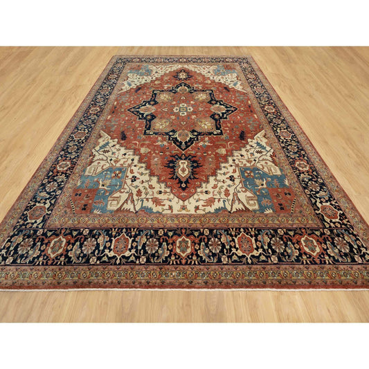 Heriz Wool Hand Knotted Rug Red Navy Blue 12.0X15.1 -O090742