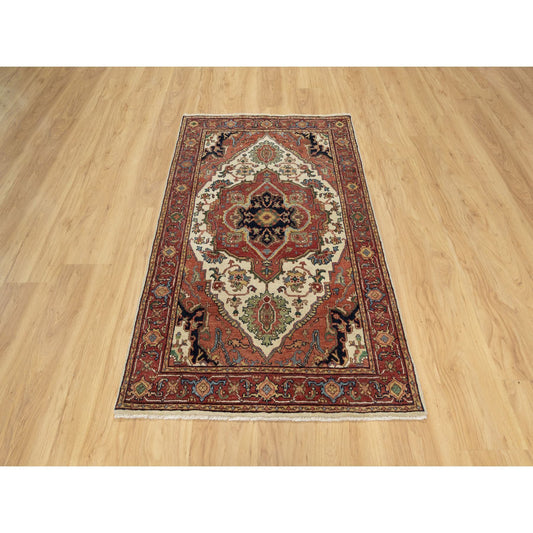 Heriz Wool Hand Knotted Rug Ivory Red 3.2X5.2 -O090748