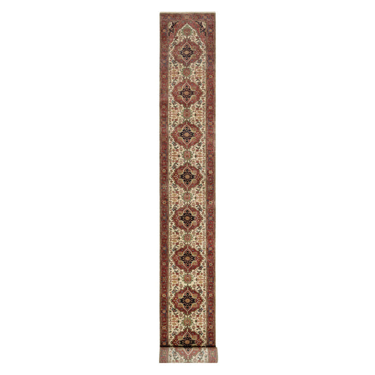 Heriz Wool Hand Knotted Rug Ivory Red 2.7X25.5 -O090751