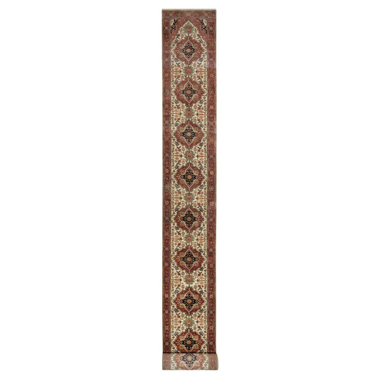 Heriz Wool Hand Knotted Rug Ivory Red 2.7X21.10 -O090752