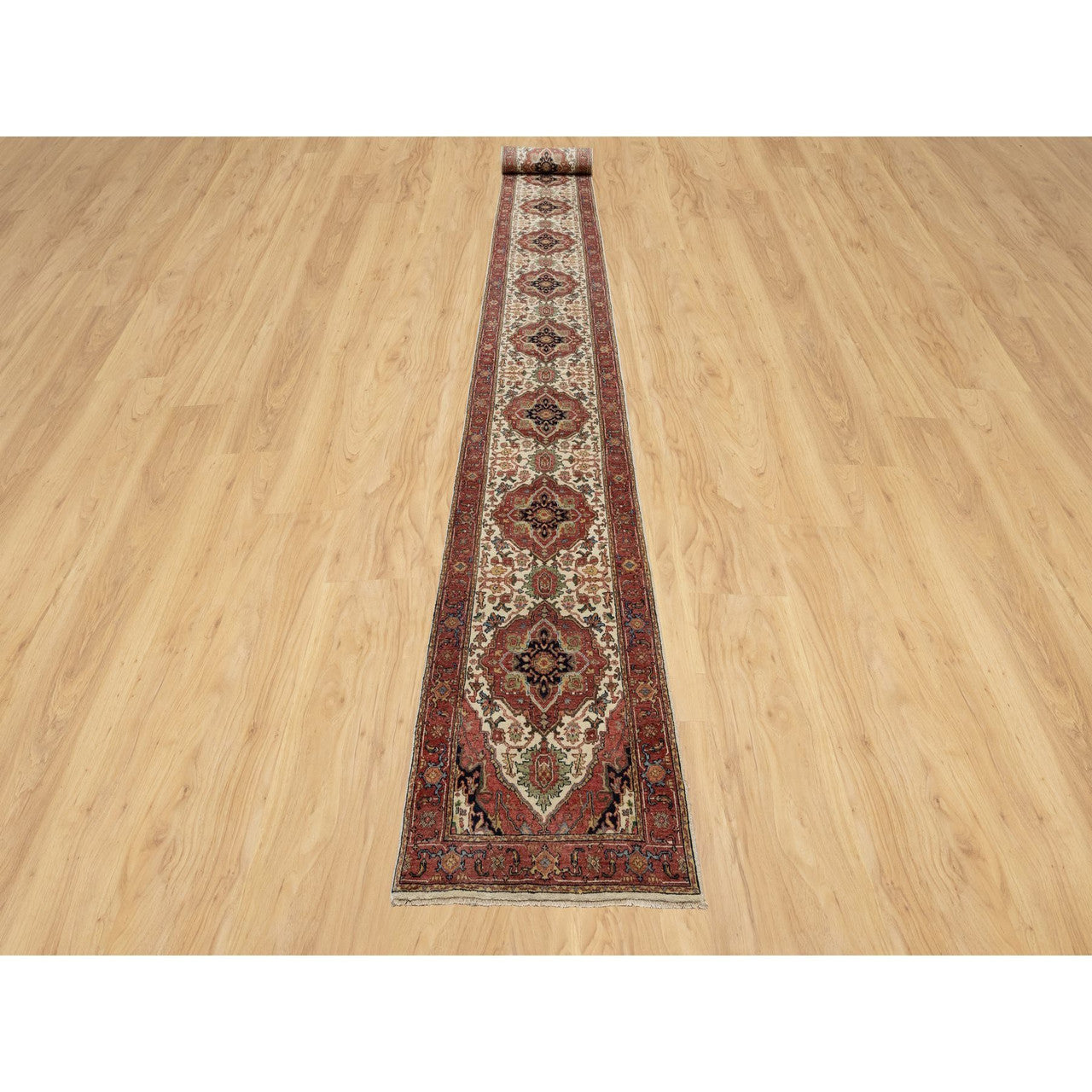 Ivory 2'7" x 21'10" Heriz Hand knotted Wool Rug - Sku: O090752