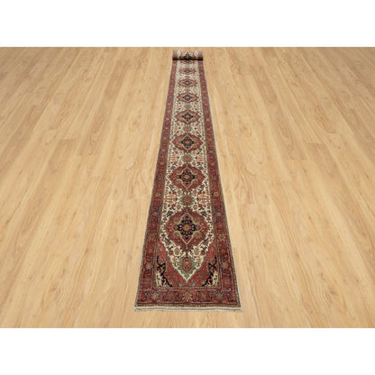 Heriz Wool Hand Knotted Rug Ivory Red 2.7X21.10 -O090752
