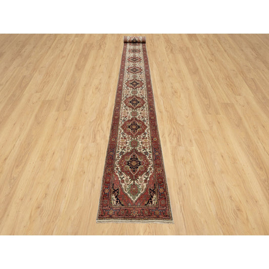 Heriz Wool Hand Knotted Rug Ivory Red 2.7X21.10 -O090752