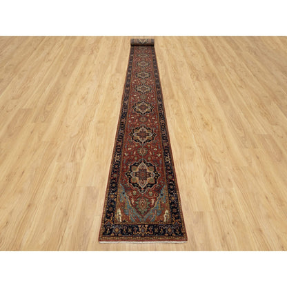 Heriz Wool Hand Knotted Rug Red Navy Blue 2.7X28.0 -O090754