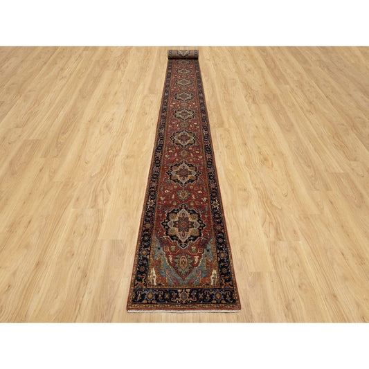 Heriz Wool Hand Knotted Rug Red Navy Blue 2.7X28.0 -O090754