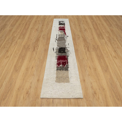 Modern and Contemporary Wool Hand Knotted Rug Ivory No Border 2.6X11.7 -O090760