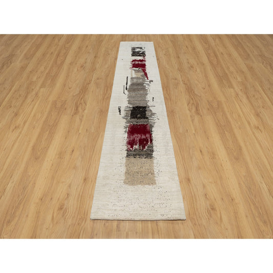 Modern and Contemporary Wool Hand Knotted Rug Ivory No Border 2.6X11.7 -O090760