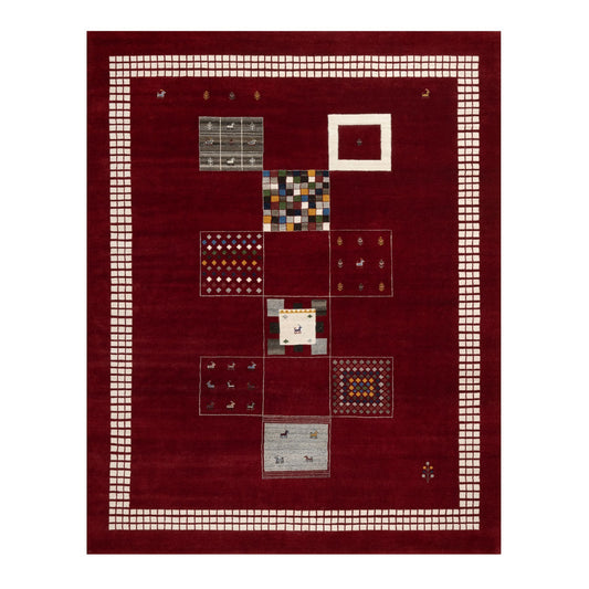 Modern and Contemporary Wool Hand Knotted Rug Red Vivid White 8.0X10.1 -O090784