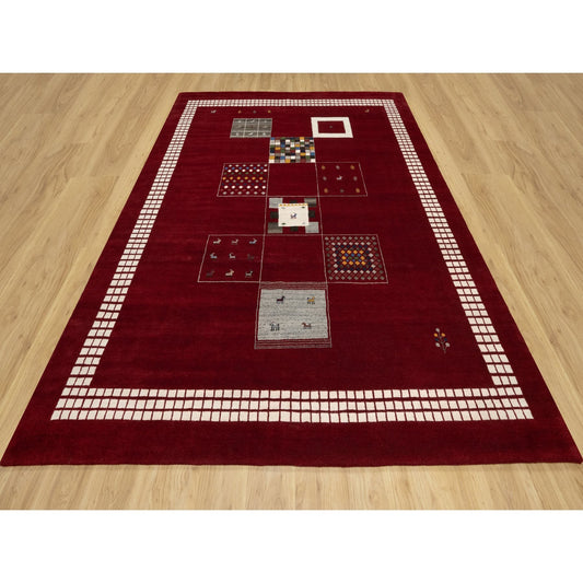 Modern and Contemporary Wool Hand Knotted Rug Red Vivid White 8.0X10.1 -O090784