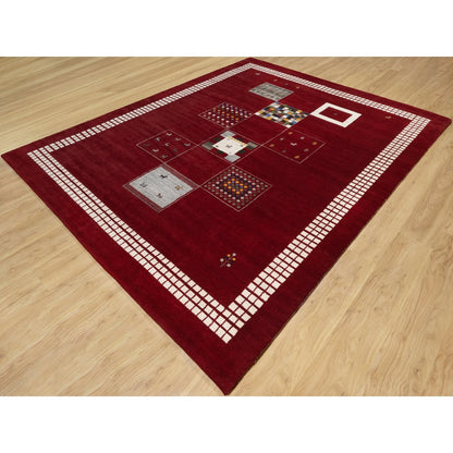 Modern and Contemporary Wool Hand Knotted Rug Red Vivid White 8.0X10.1 -O090784