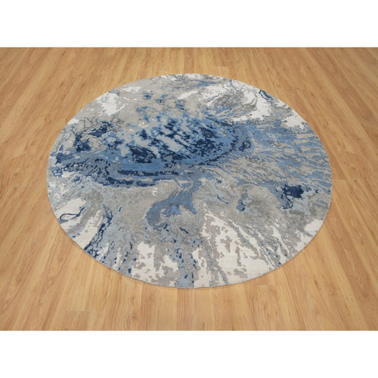 Modern and Contemporary Wool & Silk Hand Knotted Rug Blue No Border 7.9X7.9 -O090801