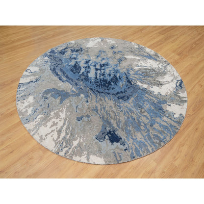 Modern and Contemporary Wool & Silk Hand Knotted Rug Blue No Border 7.9X7.9 -O090801