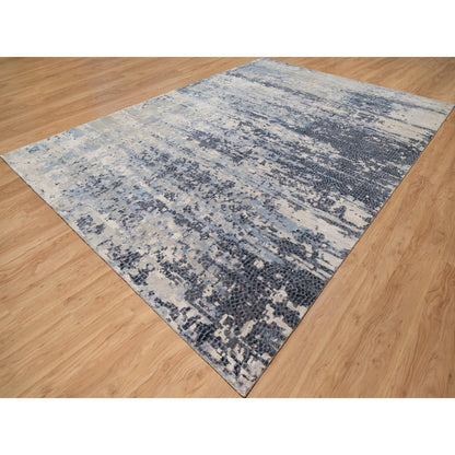 Modern and Contemporary Wool & Silk Hand Knotted Rug Blue No Border 9.10X13.7 -O090806