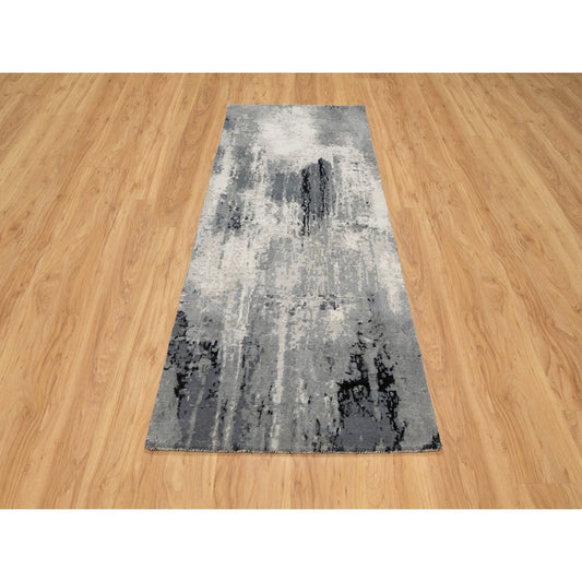 Modern and Contemporary Wool & Silk Hand Knotted Rug Black No Border 2.7X6.4 -O090811