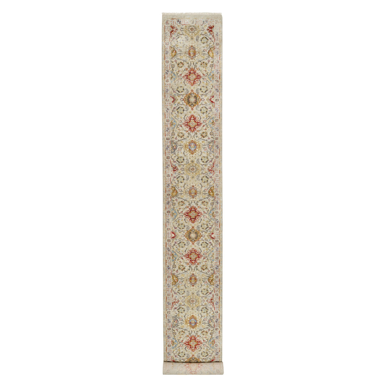 Beige 2'9" x 20'0" Transitional Hand knotted Wool/Silk Rug - Sku: O090816