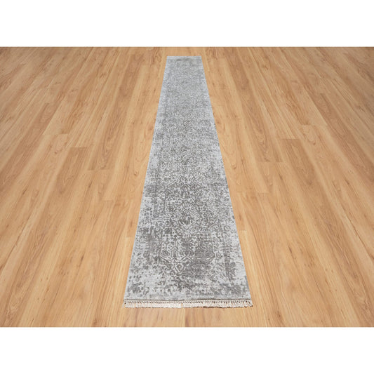 Transitional Wool & Silk Hand Knotted Rug Grey No Border 2.7X16.0 -O090817