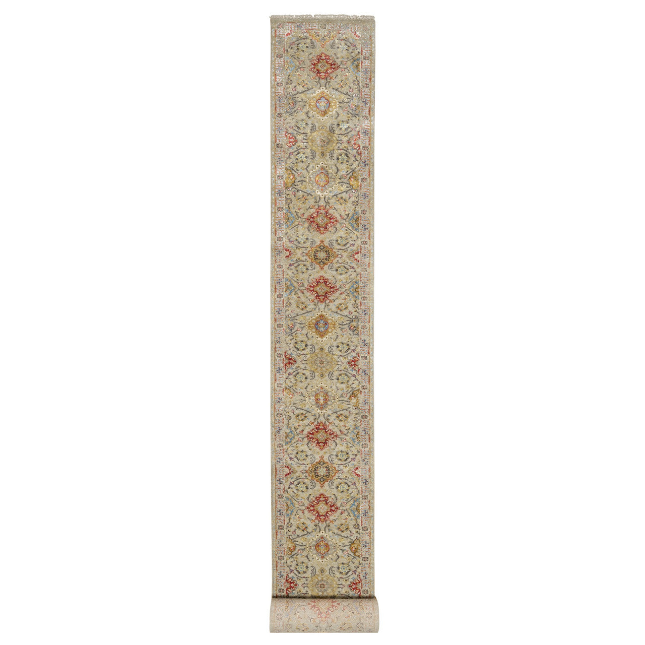 Beige 2'7" x 26'0" Transitional Hand knotted Wool/Silk Rug - Sku: O090818