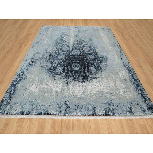 Transitional Wool & Silk Hand Knotted Rug Grey No Border 10.1X10.4 -O090820