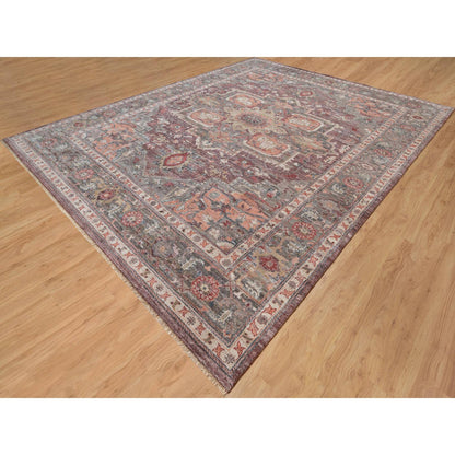 Tribal & Geometric Wool Hand Knotted Rug Red Gray 12.0X15.2 -O090824