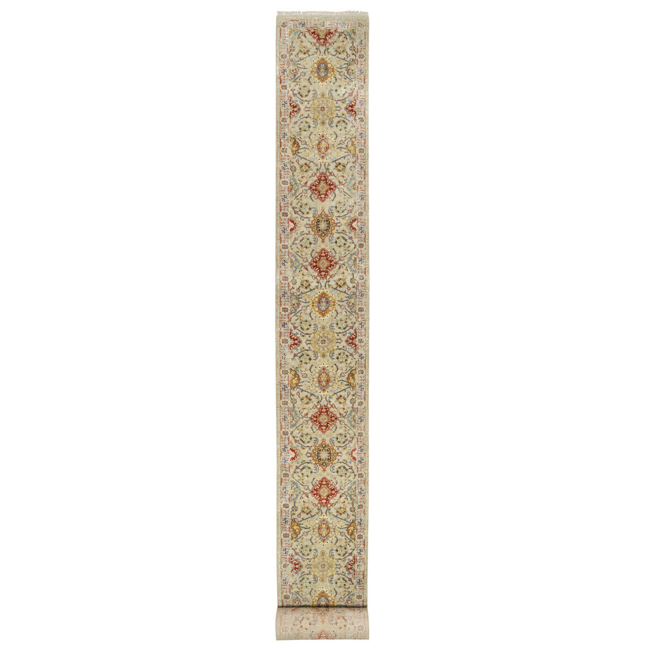 Beige 2'6" x 24'1" Transitional Hand knotted Wool/Silk Rug - Sku: O090825