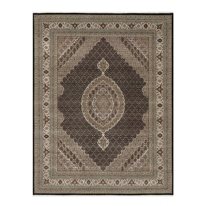Fine Oriental Wool & Silk Hand Knotted Rug Black Cream Color 8.0X10.4 -O090853