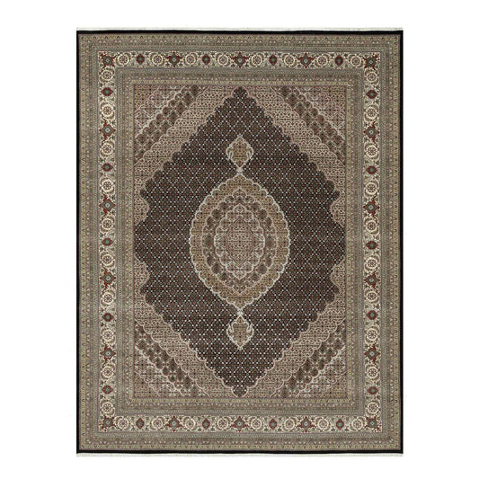 Fine Oriental Wool & Silk Hand Knotted Rug Black Cream Color 8.0X10.4 -O090853