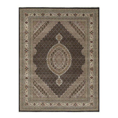 Fine Oriental Wool & Silk Hand Knotted Rug Black Cream Color 8.0X10.4 -O090853