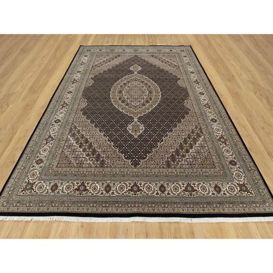 Fine Oriental Wool & Silk Hand Knotted Rug Black Cream Color 8.0X10.4 -O090853