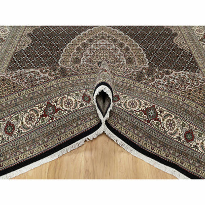 Fine Oriental Wool & Silk Hand Knotted Rug Black Cream Color 8.0X10.4 -O090853